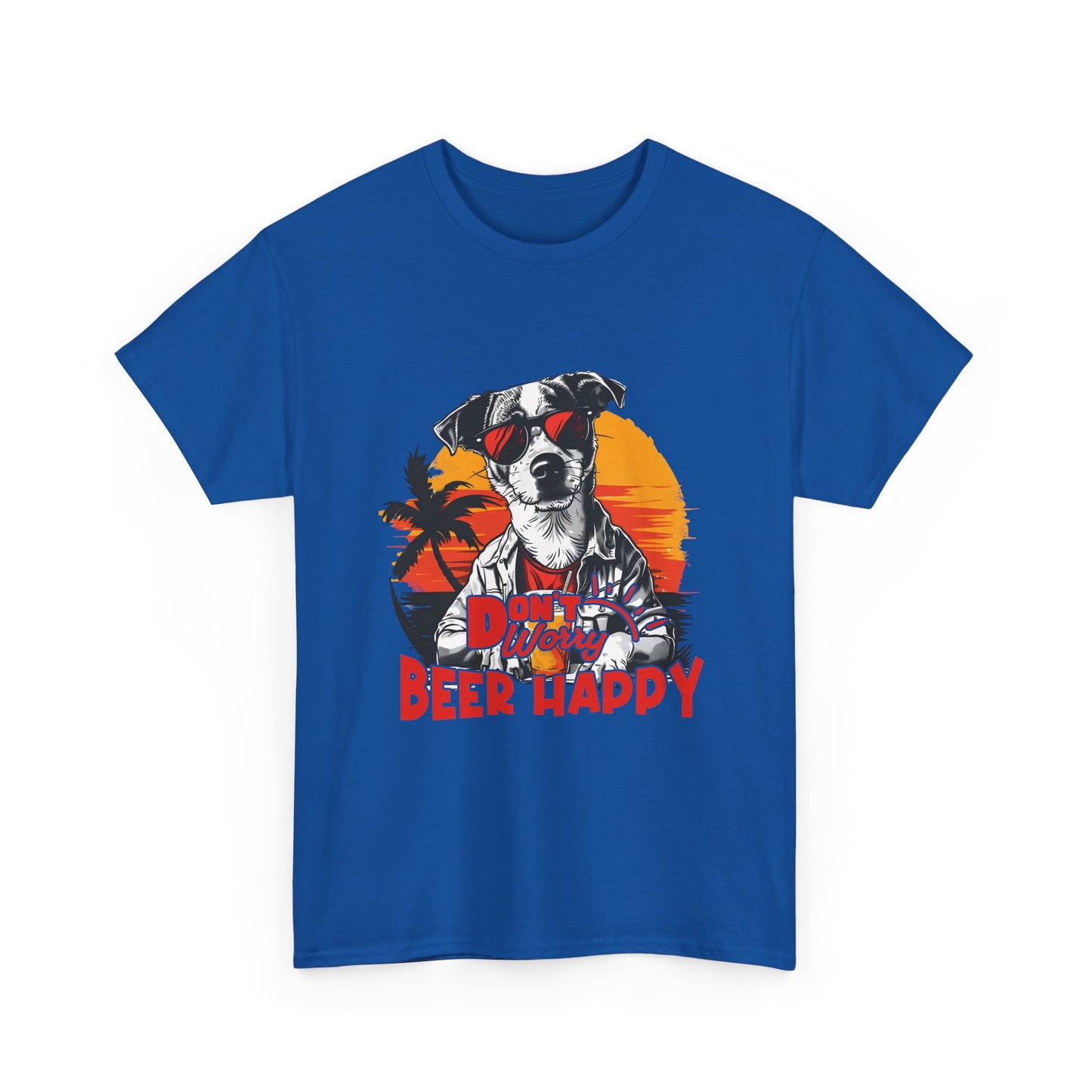 Dog With Beer T-Shirt - "Don't Worry Beer Happy" Retro Sunset Tee