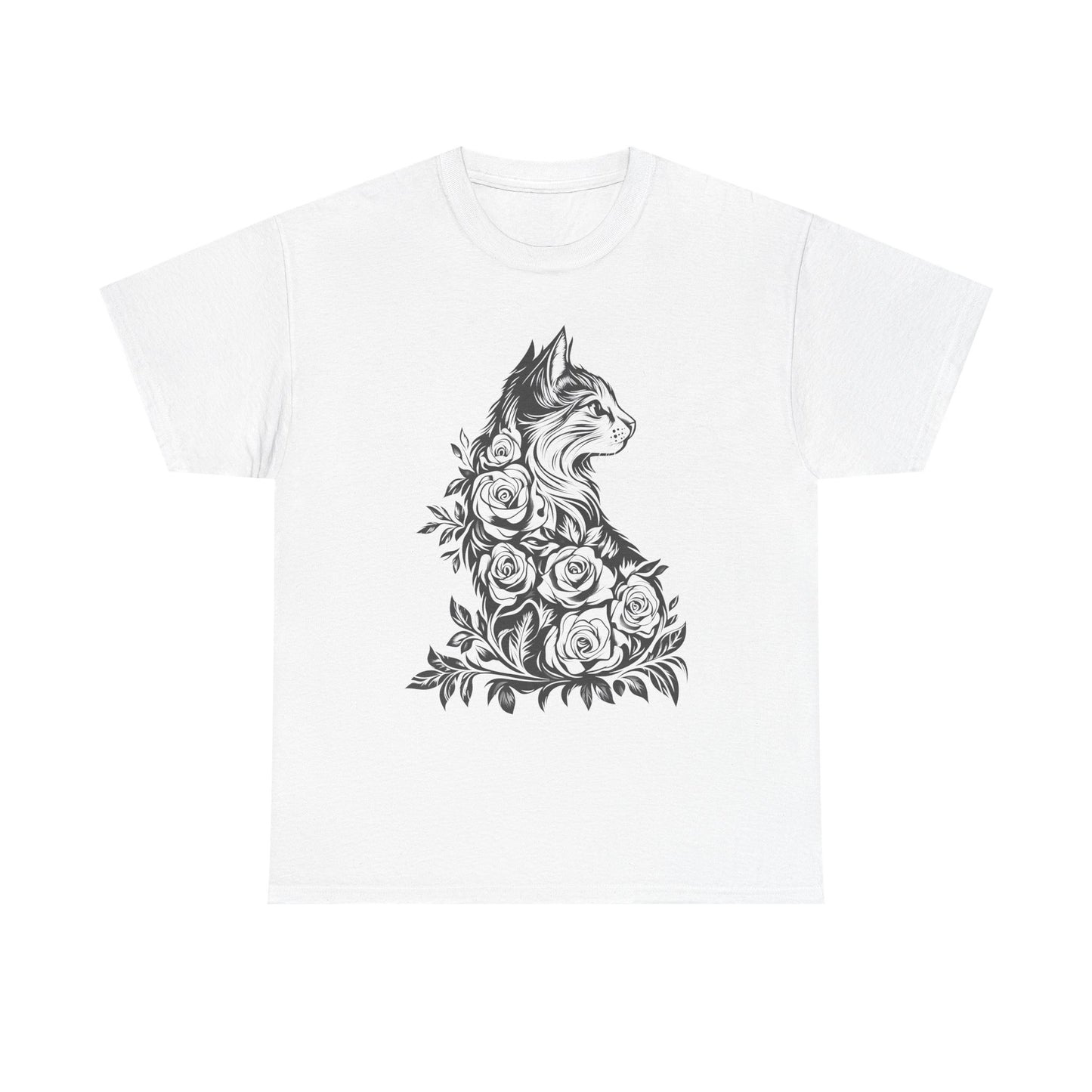 Floral Cat Tee — Vintage Black & White Cat with Roses T-Shirt