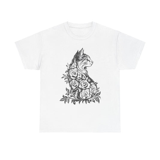 Floral Cat Tee — Vintage Black & White Cat with Roses T-Shirt