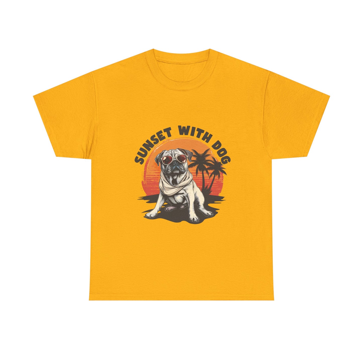 Sunset With Dog T-Shirt – Retro Beach Pug Tee