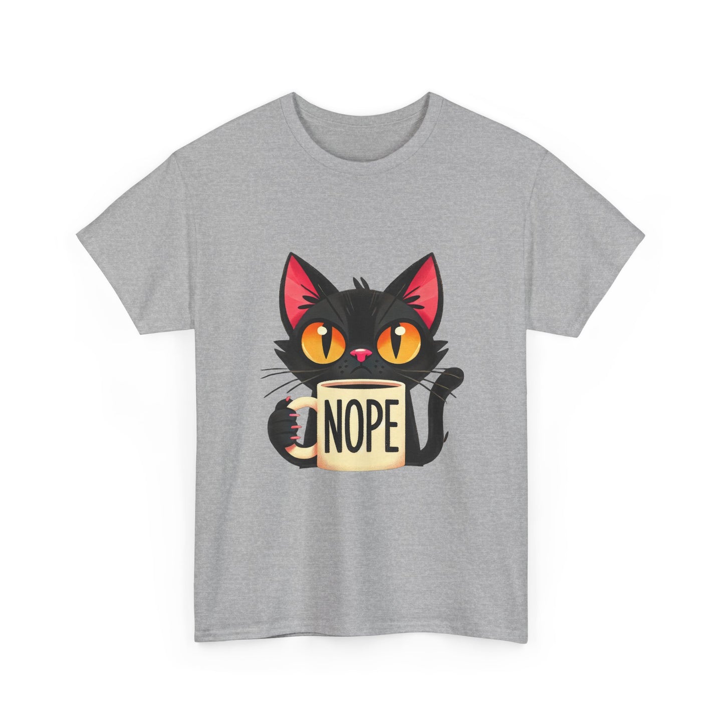 Cat 'Nope' T-Shirt — Cute Black Cat Holding 'NOPE' Mug Graphic Tee