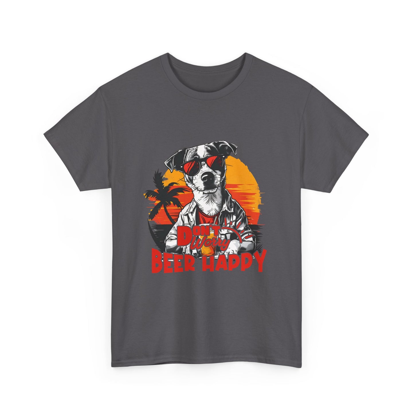 Dog With Beer T-Shirt - "Don't Worry Beer Happy" Retro Sunset Tee