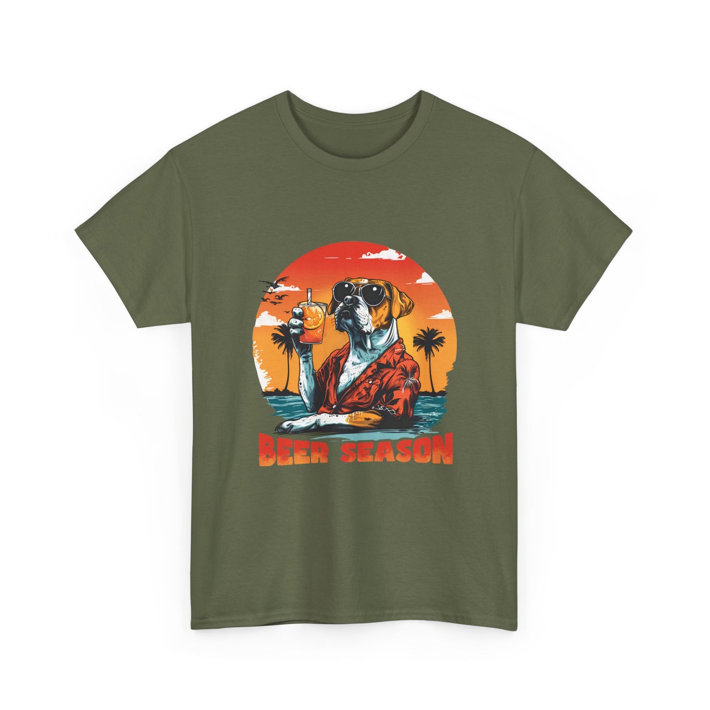 Beer Season T-Shirt — Vintage Sunset Dog Holding Beer