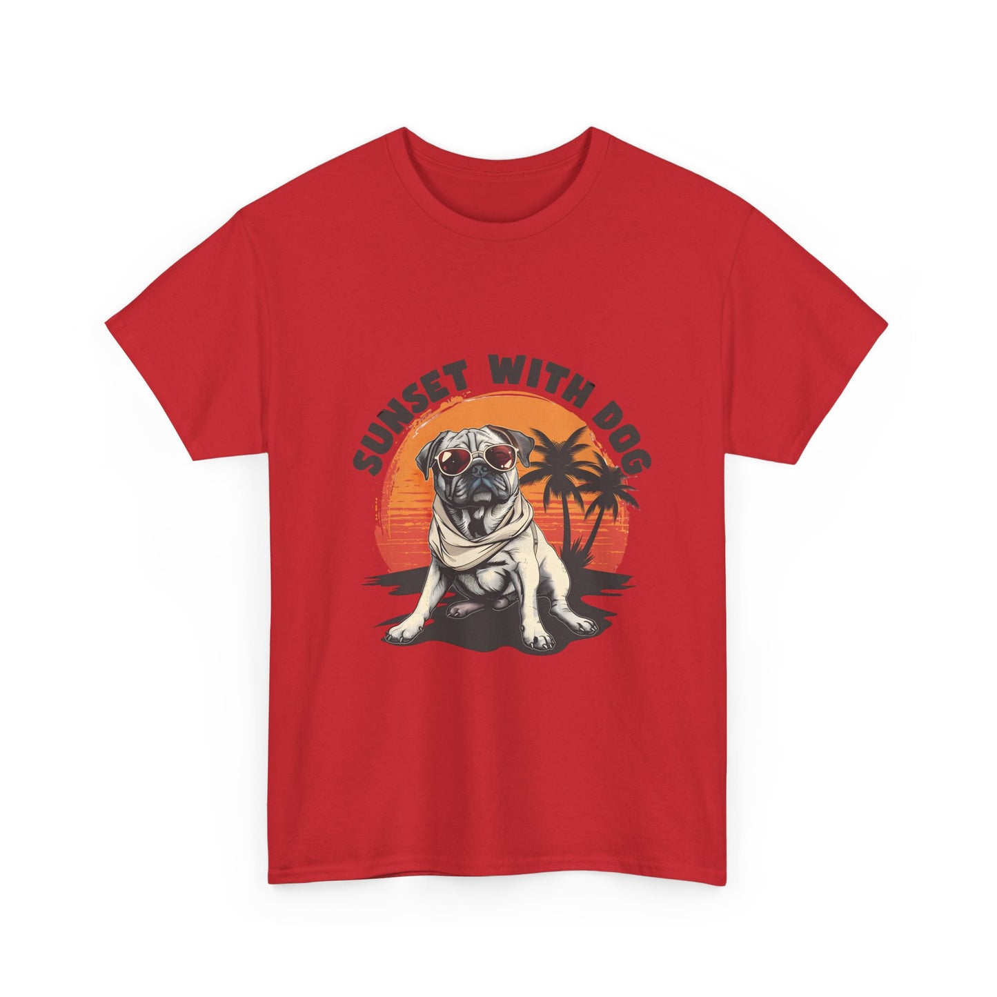 Sunset With Dog T-Shirt – Retro Beach Pug Tee