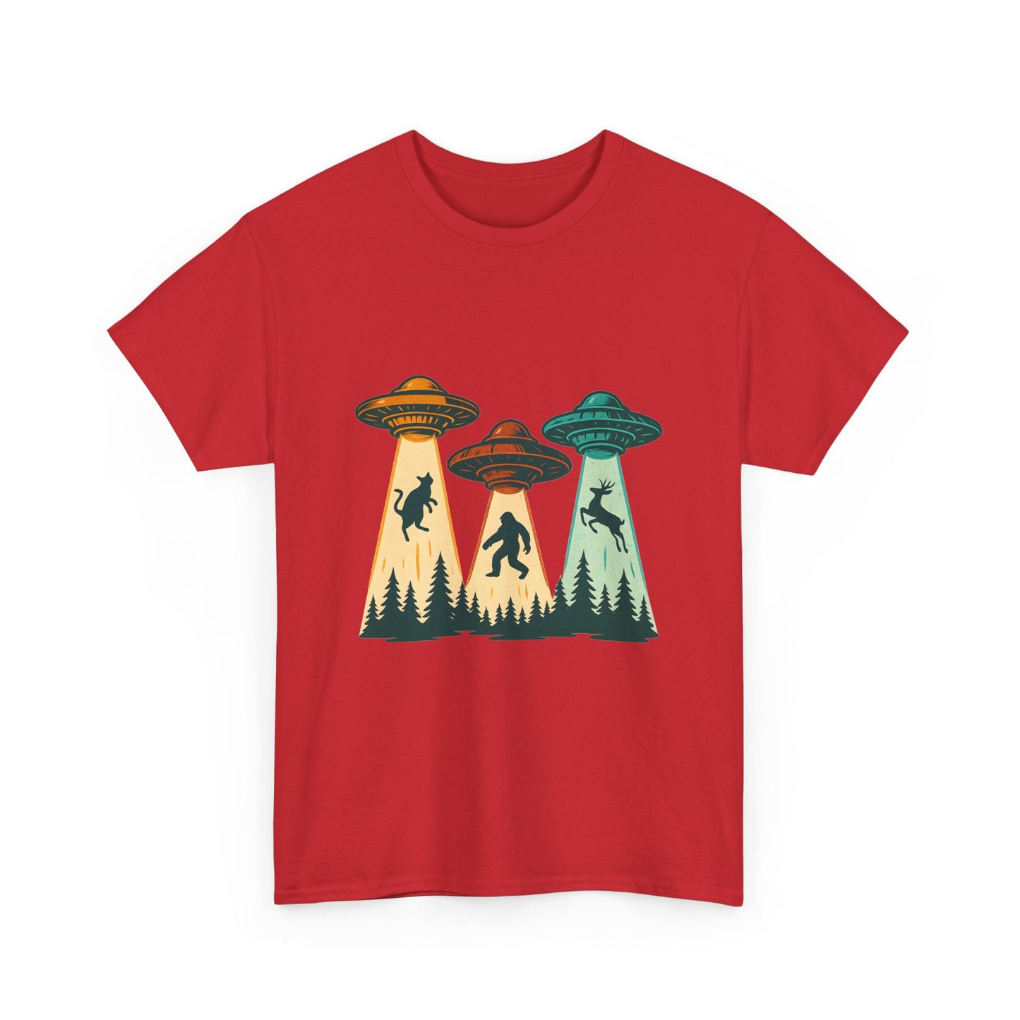 Alien Abduction UFO Tee — Retro Forest Beams T‑Shirt