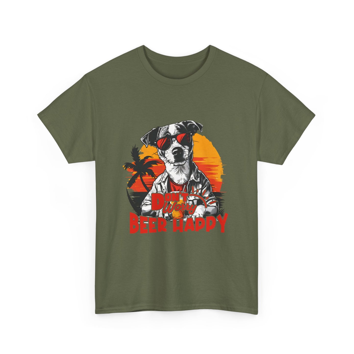 Dog With Beer T-Shirt - "Don't Worry Beer Happy" Retro Sunset Tee