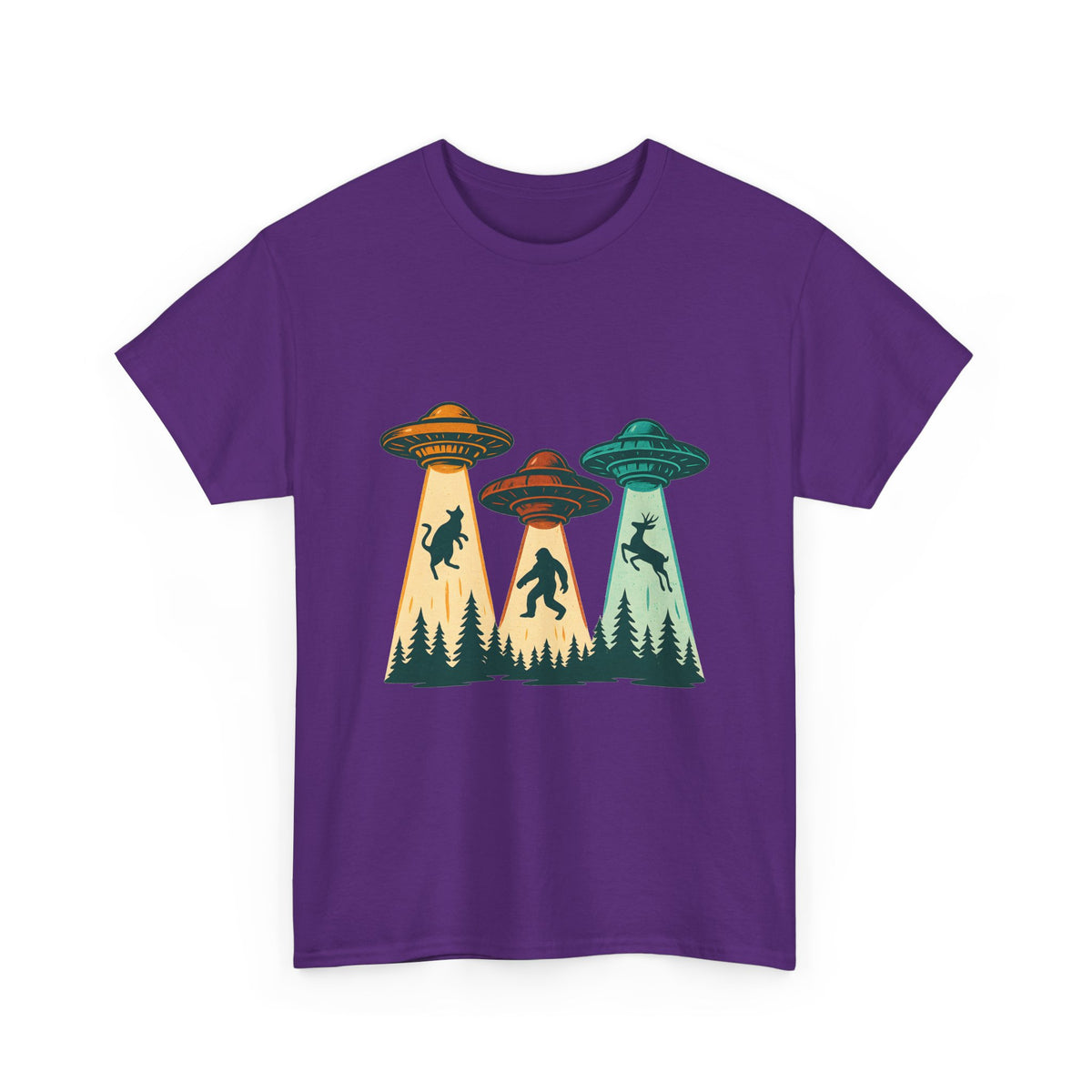 Alien Abduction UFO Tee — Retro Forest Beams T‑Shirt