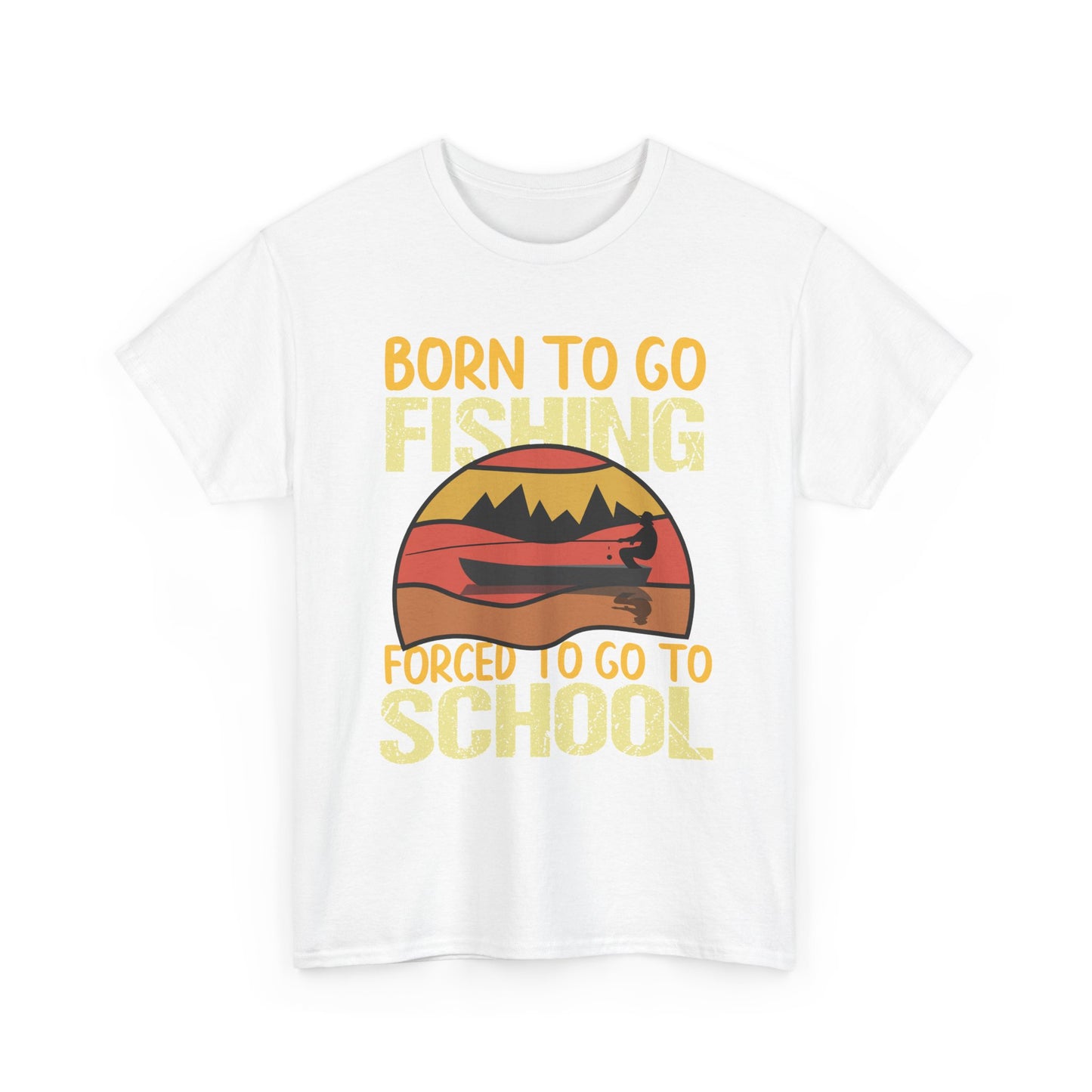 Fishing Graphic Tee - "Born to Go Fishing, Forced to Go to School" Retro Sunset T-Shirt for Kids & Teens
