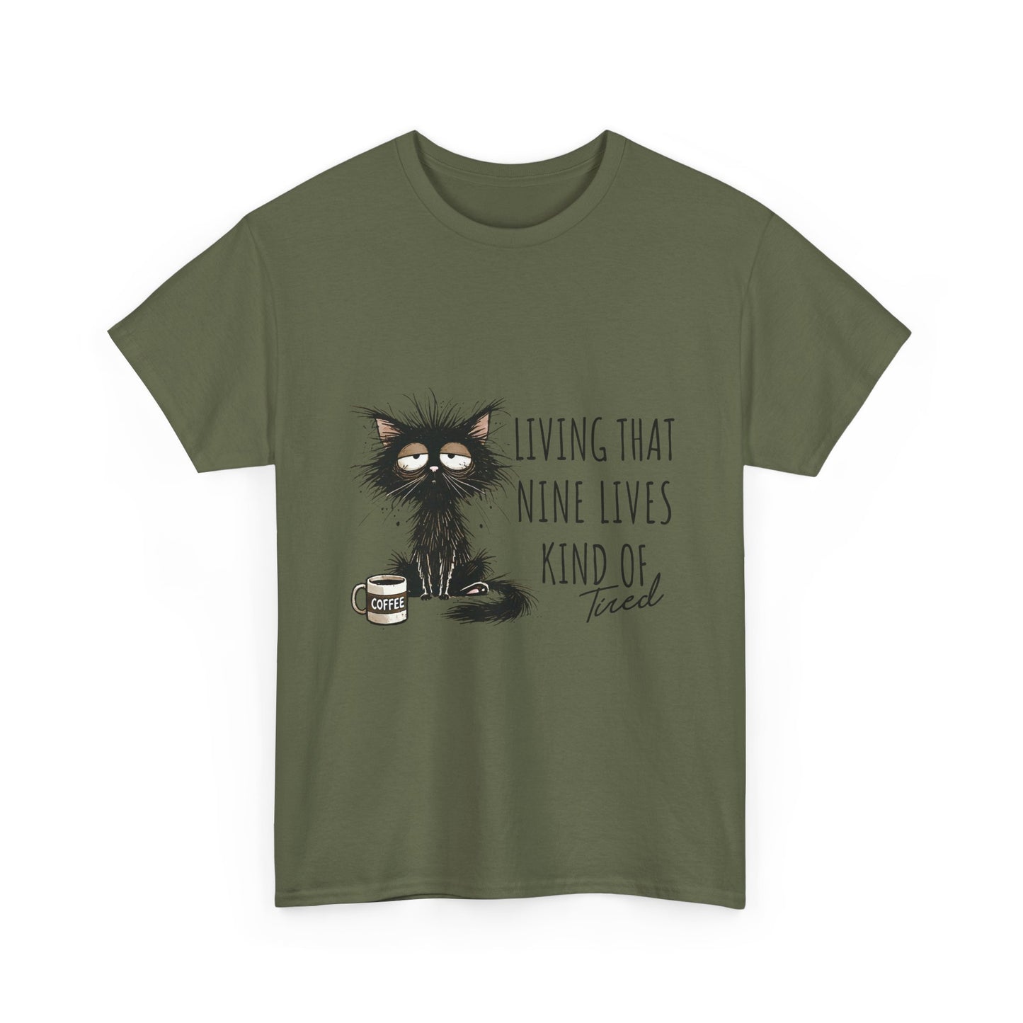 Cat T-Shirt — "Living That Nine Lives Kind of Tired" Funny Sleepy Cat Tee