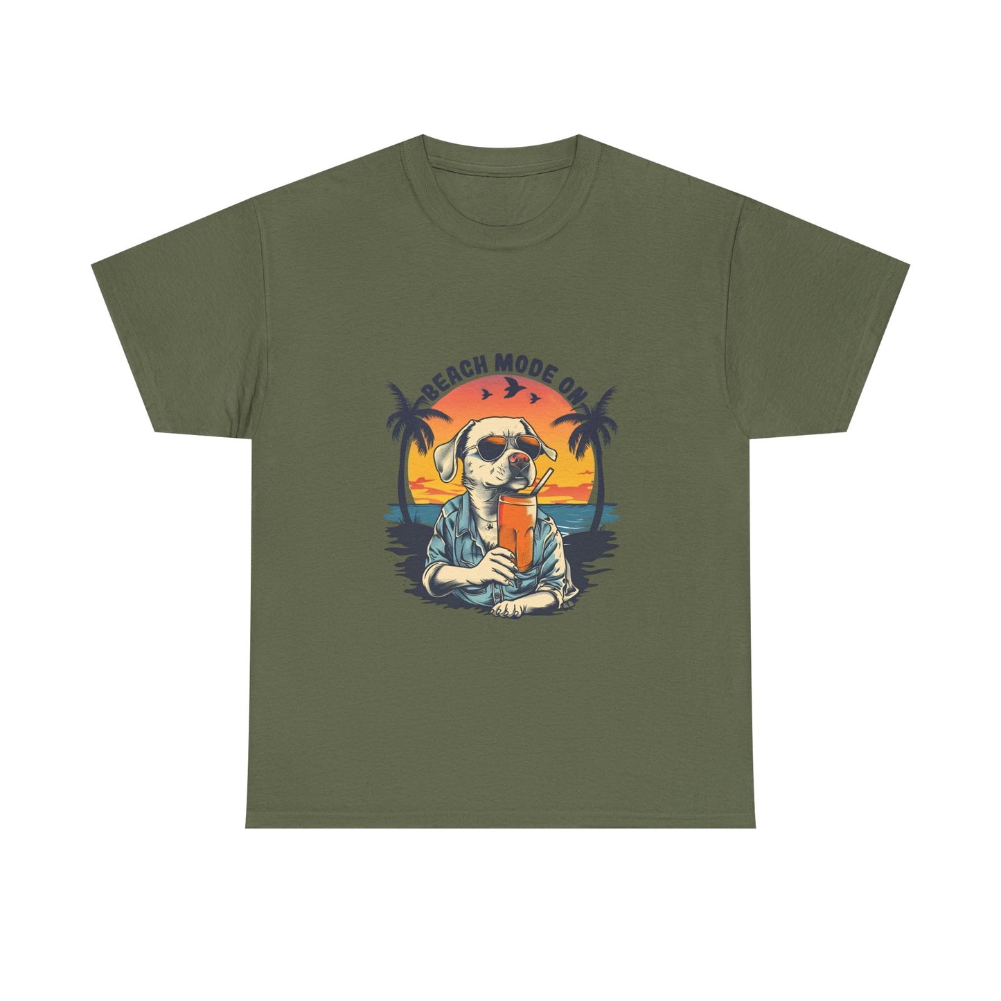 Beach Mode On T-Shirt - Retro Sunglasses Dog Drinking Cocktail, Summer Vacation Tee