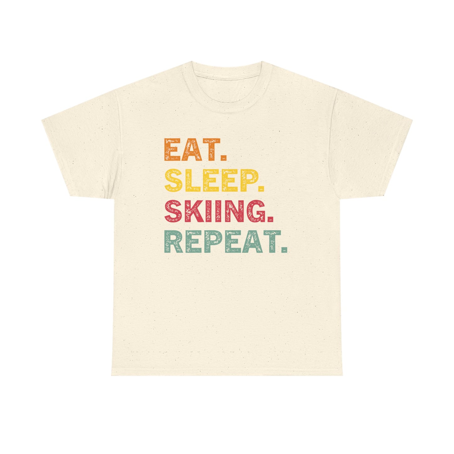 Ski T-Shirt — “Eat. Sleep. Skiing. Repeat.” Retro Colorblock Skiing Tee