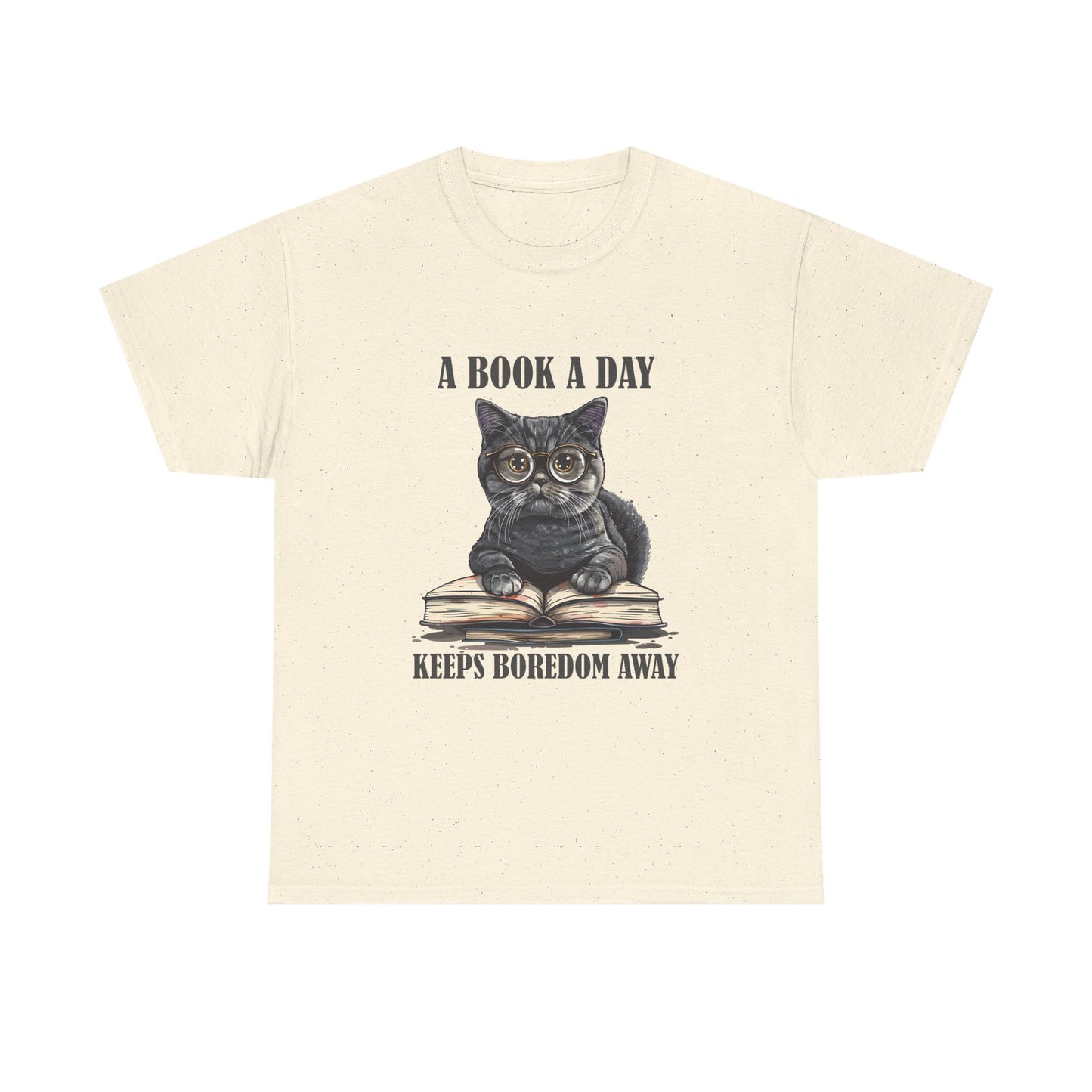 T-Shirt — "A Book a Day Keeps Boredom Away" Cat Reading Graphic Tee
