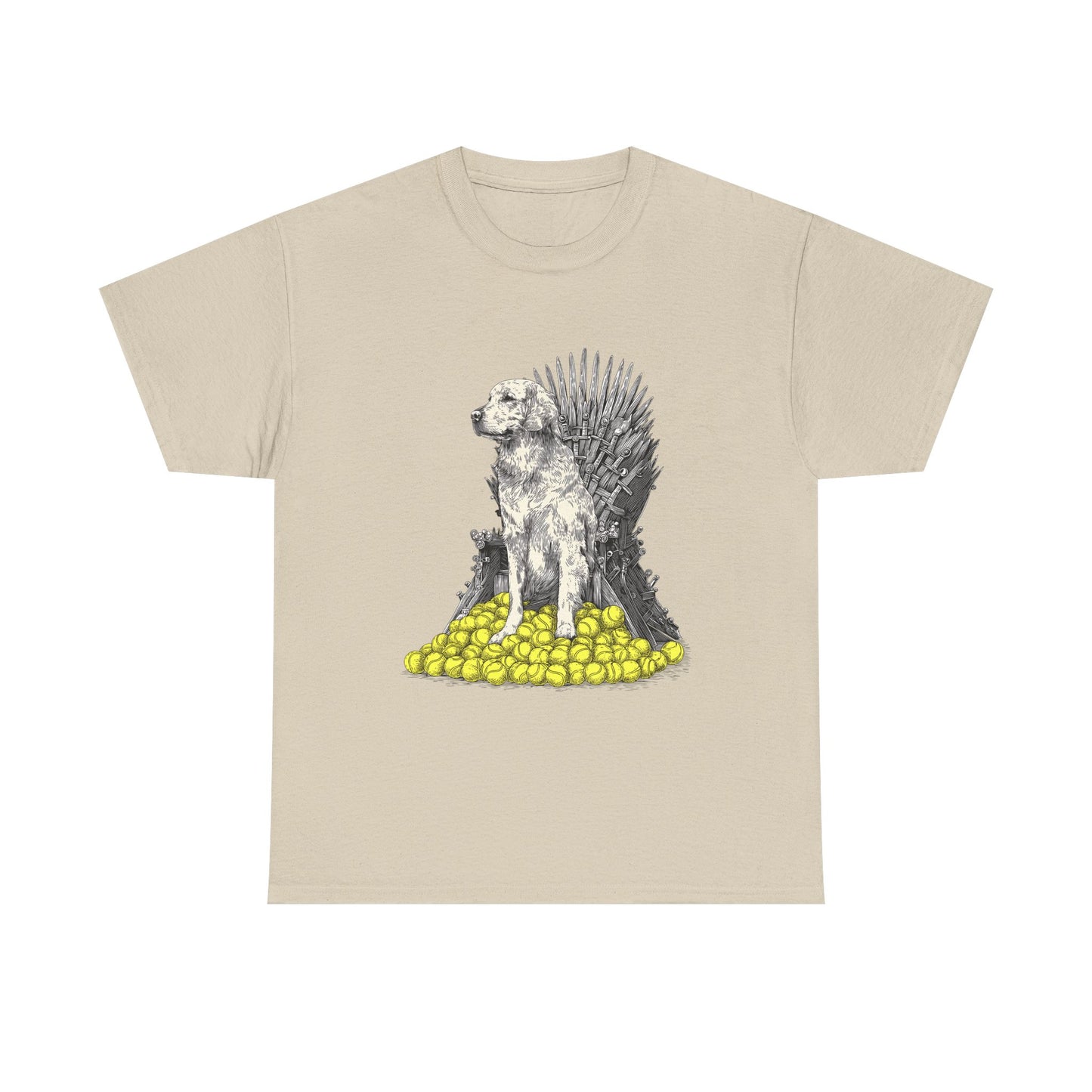 Dog Throne T‑Shirt — Dog on Iron Throne of Tennis Balls Graphic Tee