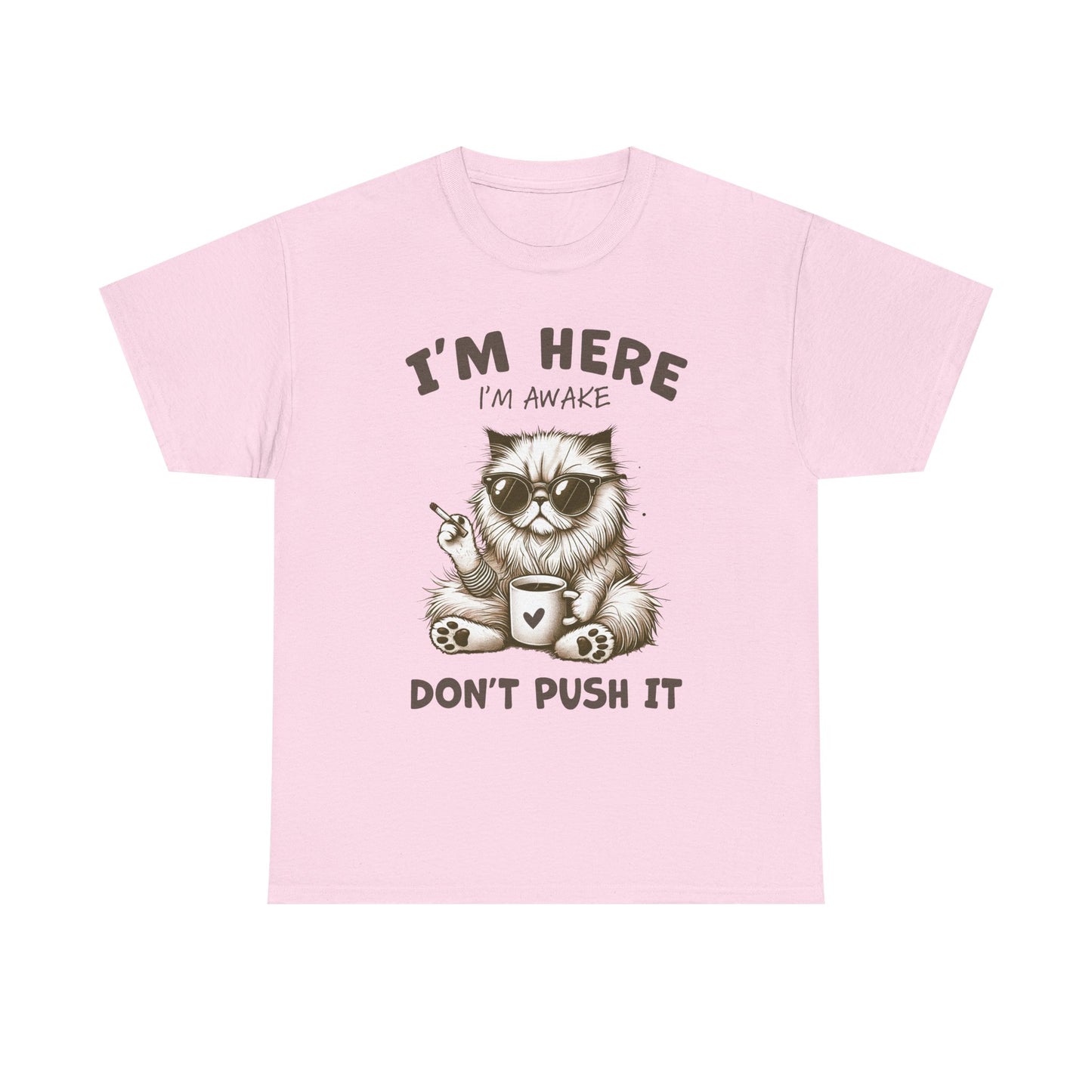 I'm Here I'm Awake Don’t Push It Cat T-Shirt — Funny Coffee Cat Tee for Cat Lovers