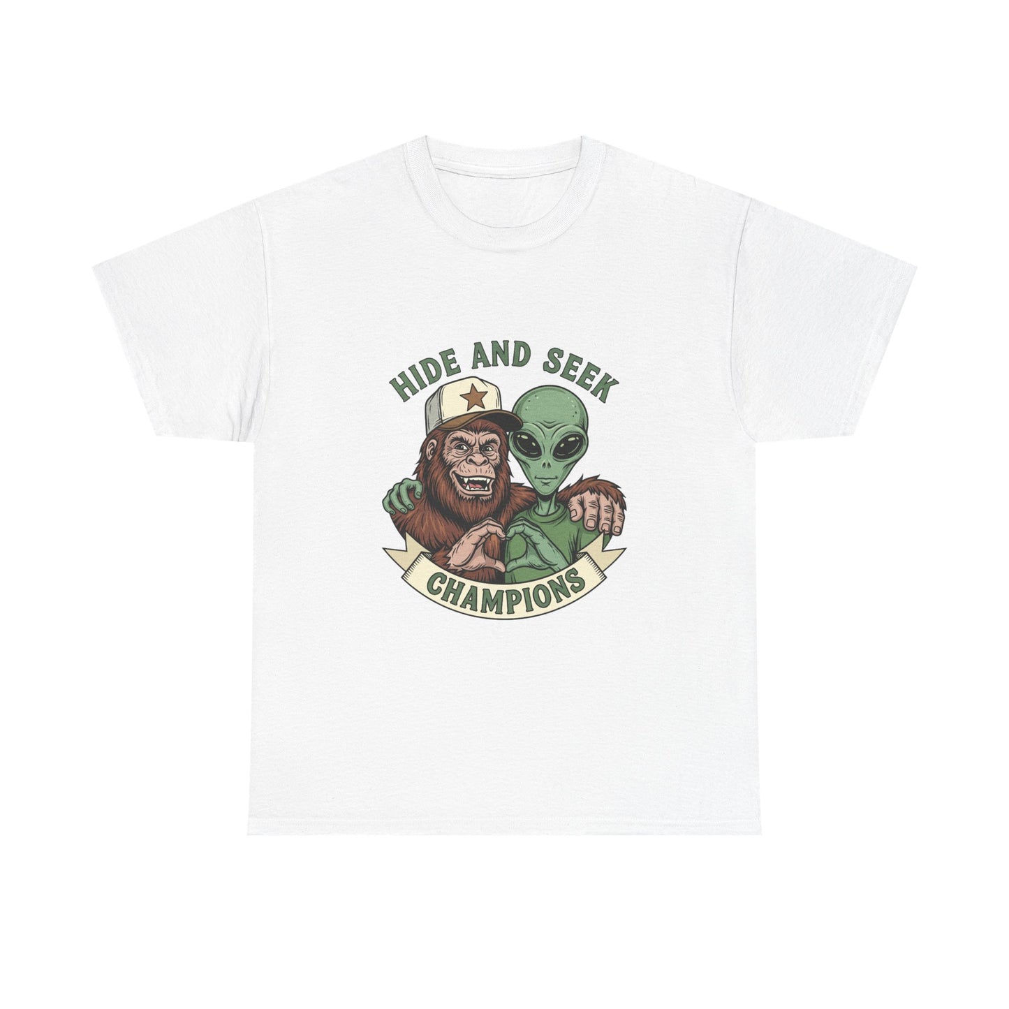 Hide and Seek Champions T-Shirt — Bigfoot & Alien Graphic Tee