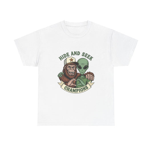 Hide and Seek Champions T-Shirt — Bigfoot & Alien Graphic Tee
