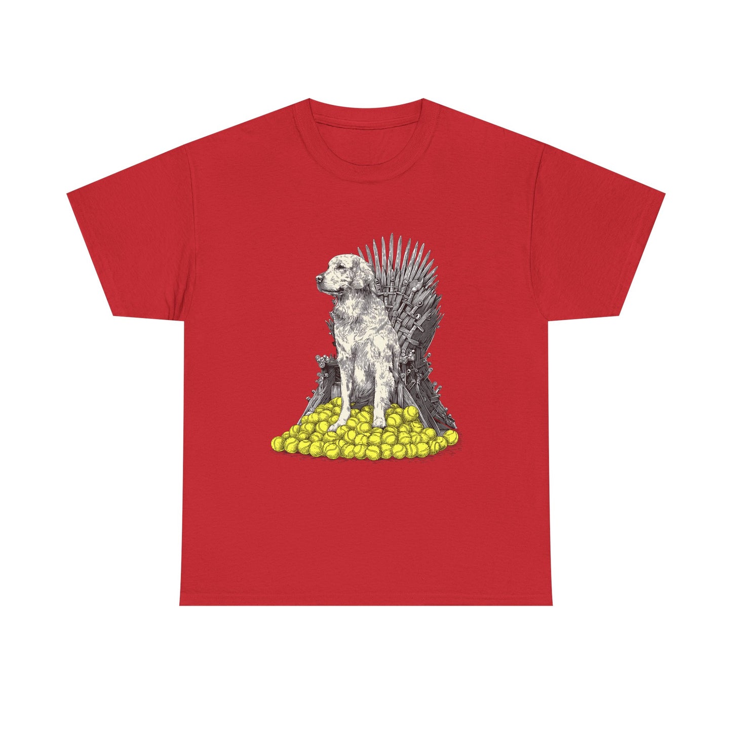 Dog Throne T‑Shirt — Dog on Iron Throne of Tennis Balls Graphic Tee