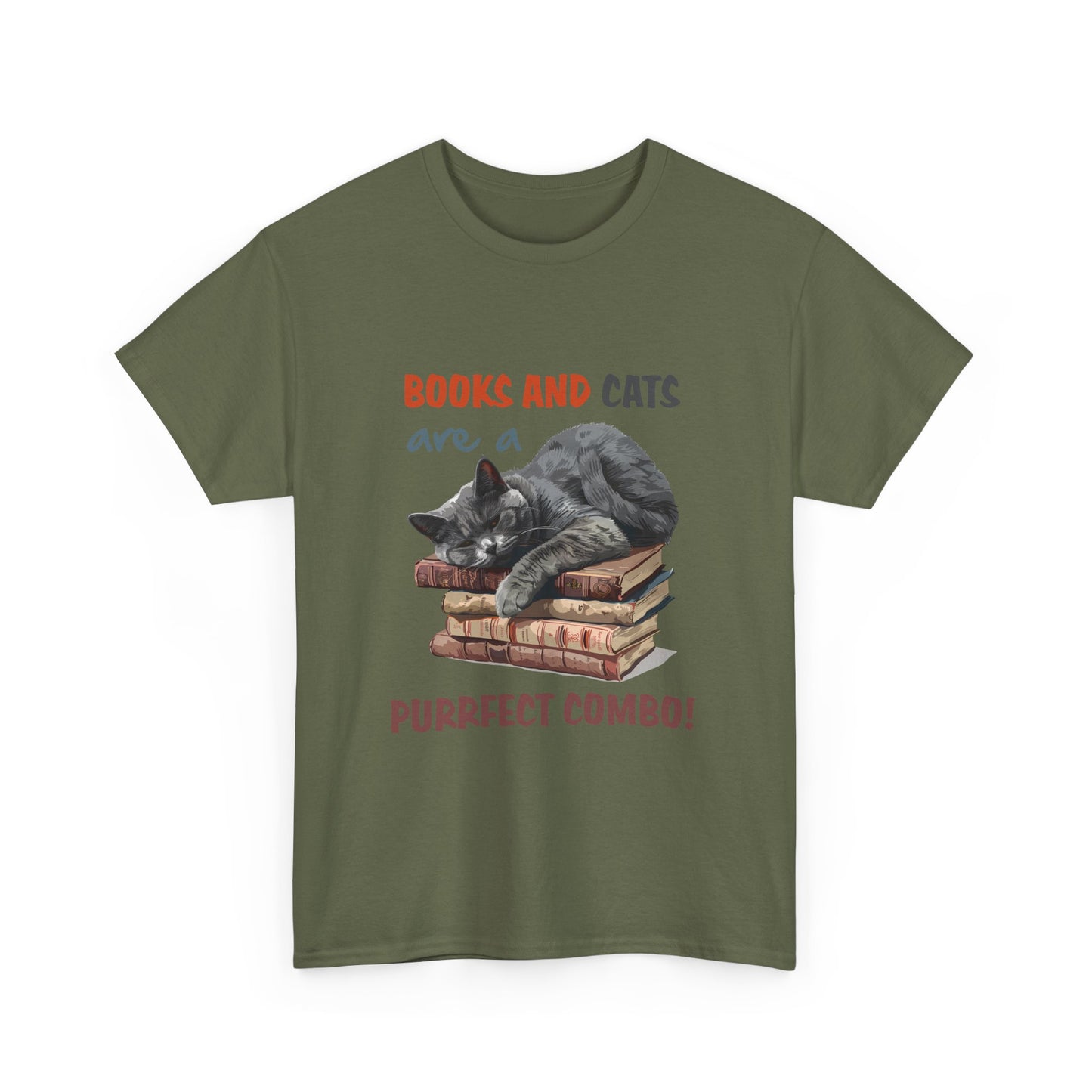 Cat & Books T-Shirt — "Books and Cats are a Purrfect Combo" Cozy Reader Tee