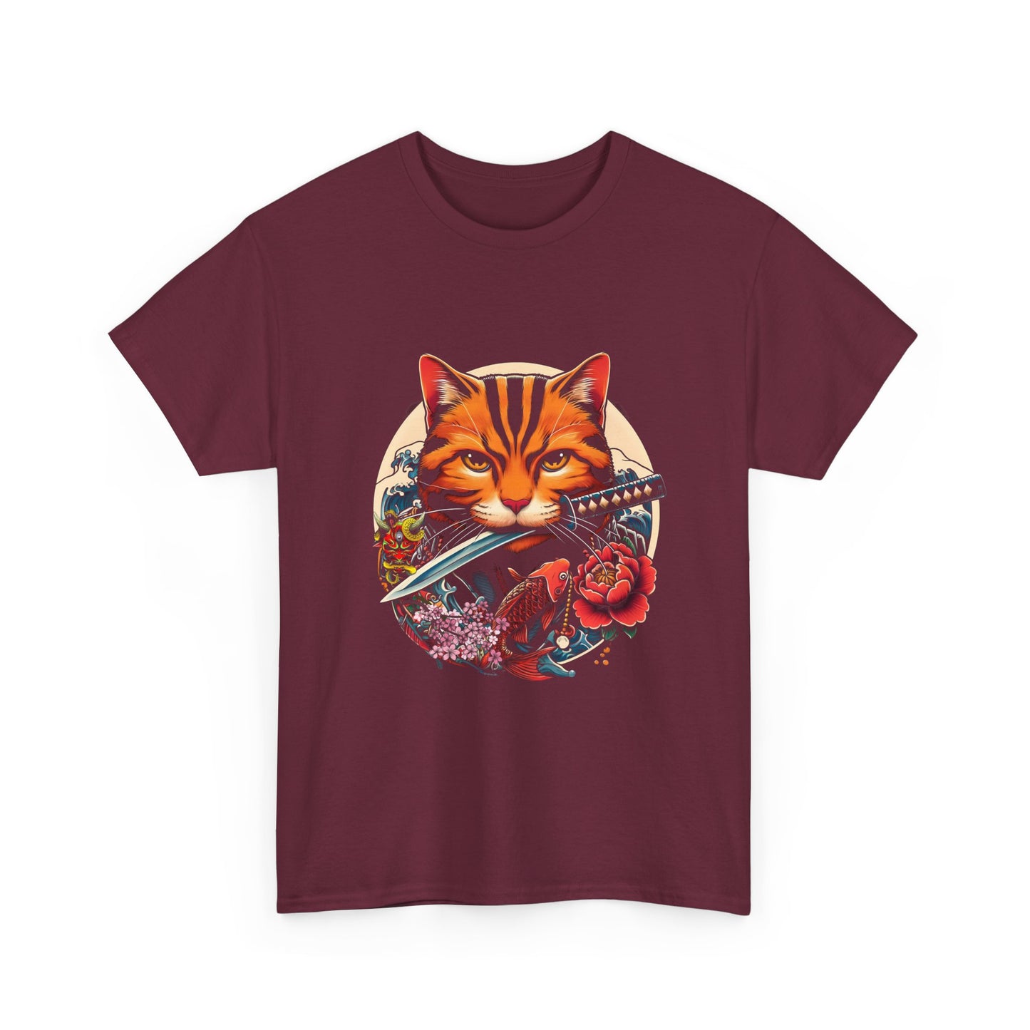 Cat Samurai T‑Shirt — Orange Tabby with Sword & Floral Crest