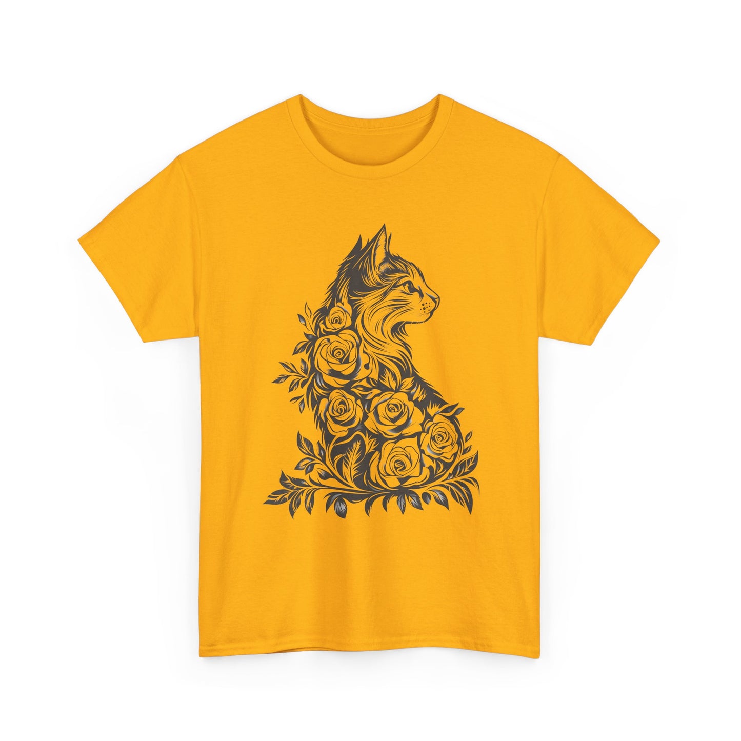 Floral Cat Tee — Vintage Black & White Cat with Roses T-Shirt