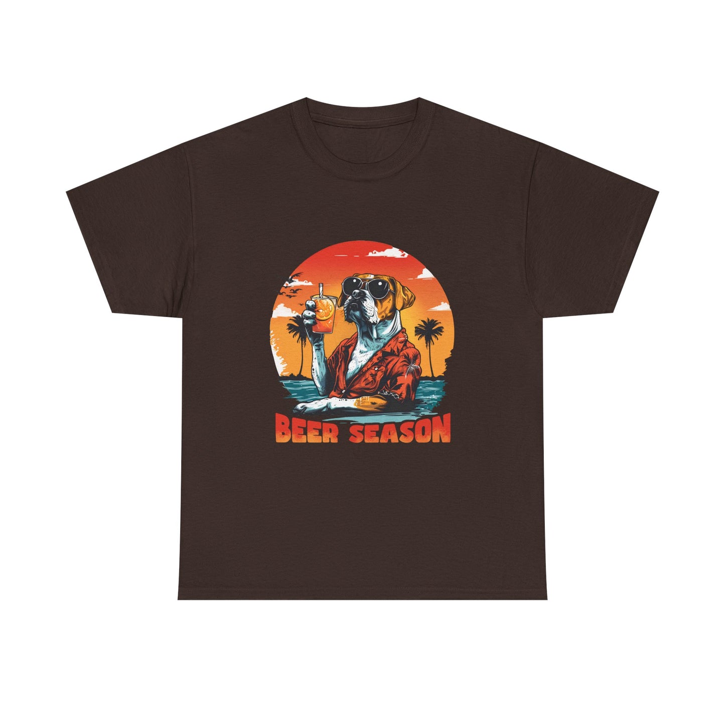Beer Season T-Shirt — Vintage Sunset Dog Holding Beer