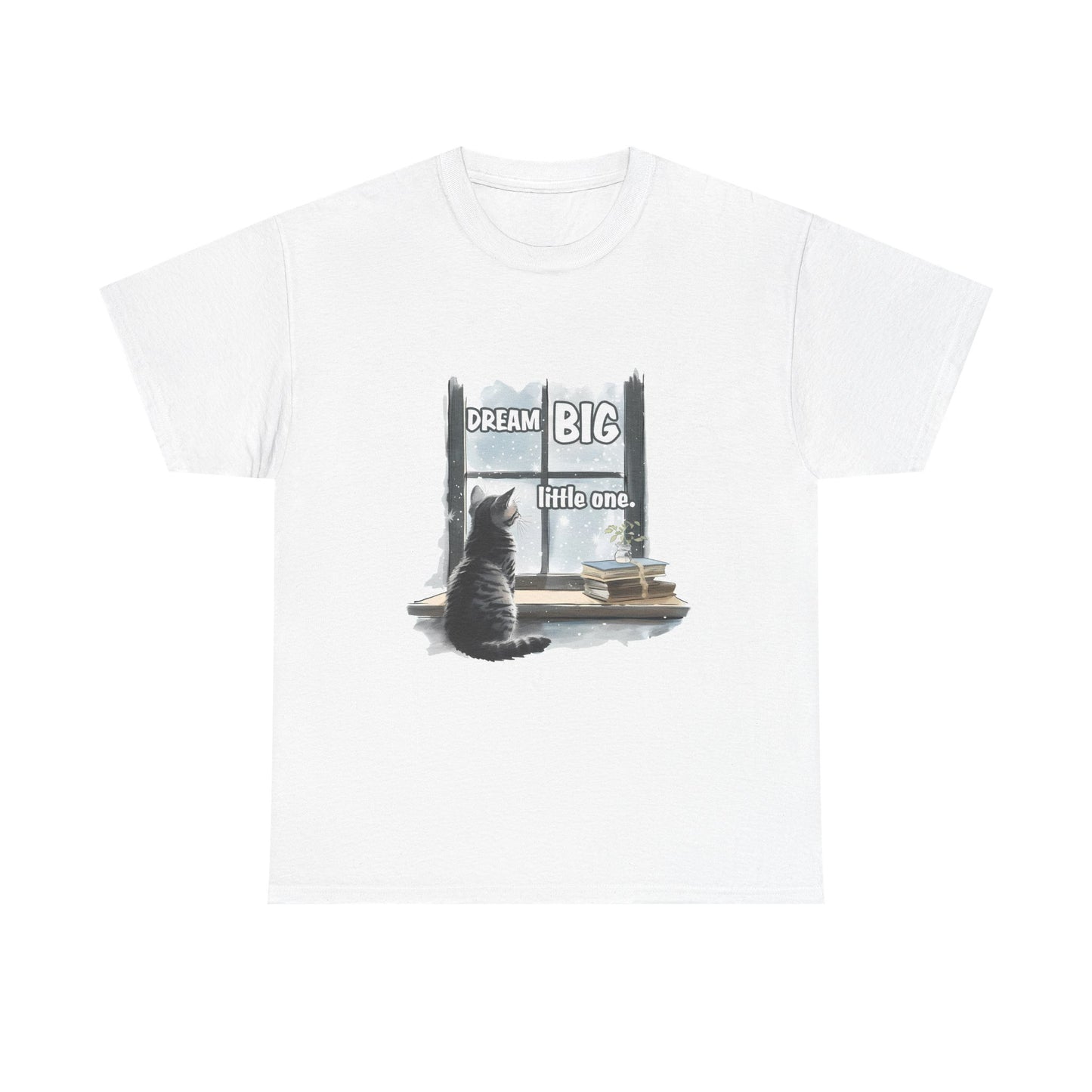Dream Big Little One T‑Shirt — Cat at Window Inspirational Kids Tee