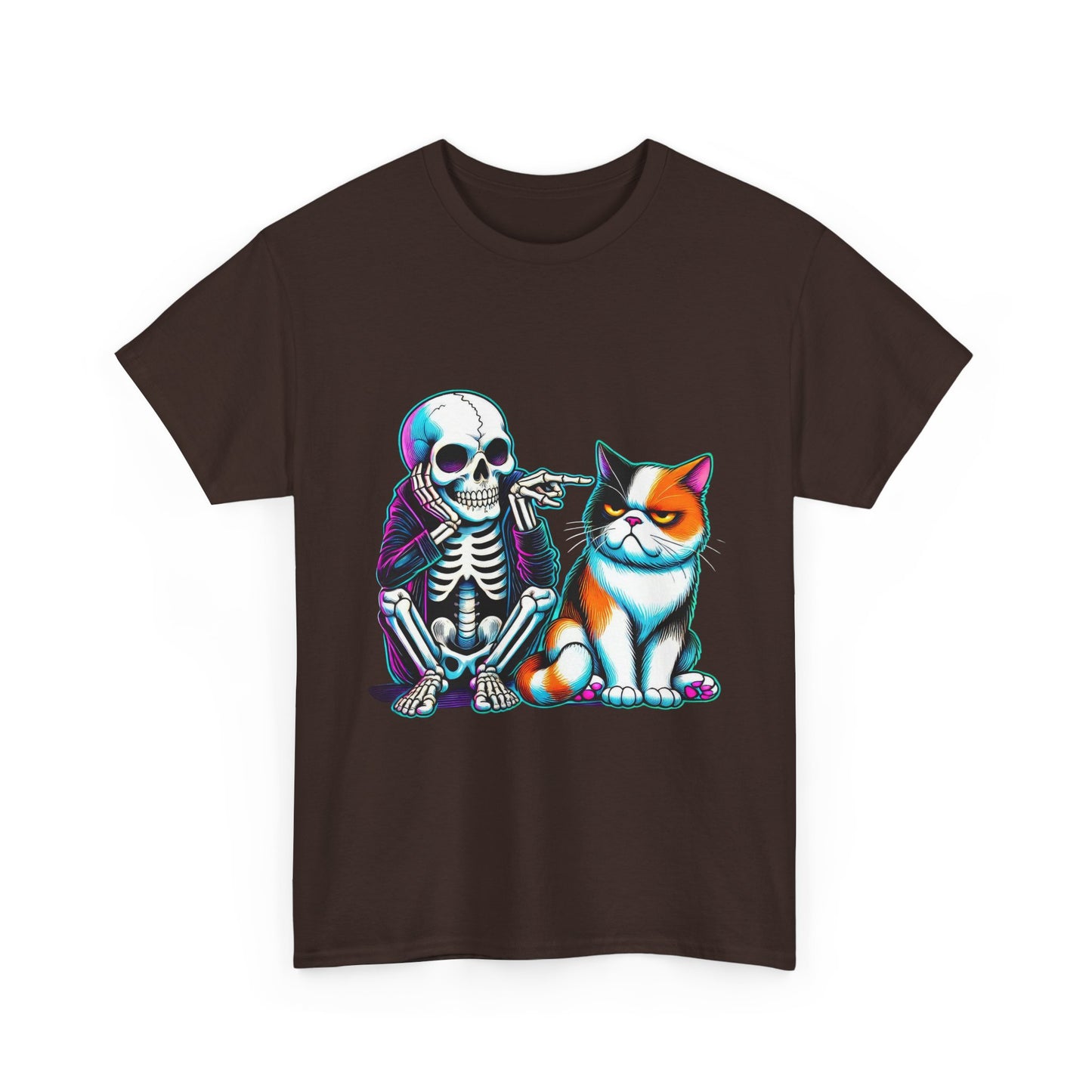 Skeleton & Cat Graphic Tee — Retro Neon Spooky Cat Shirt