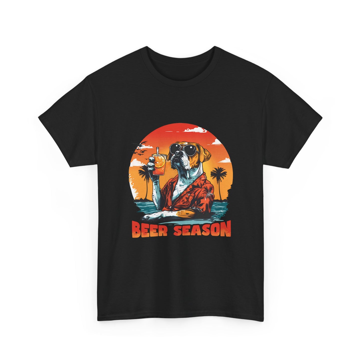 Beer Season T-Shirt — Vintage Sunset Dog Holding Beer