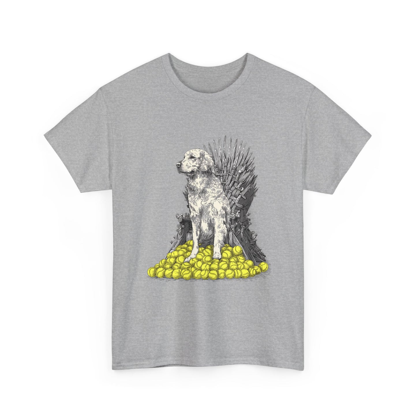 Dog Throne T‑Shirt — Dog on Iron Throne of Tennis Balls Graphic Tee