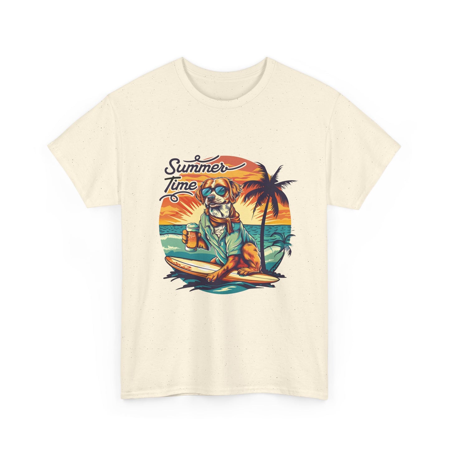 Summer Time Surfer Dog T‑Shirt — Vintage Beach Palm Surfing Dog Tee