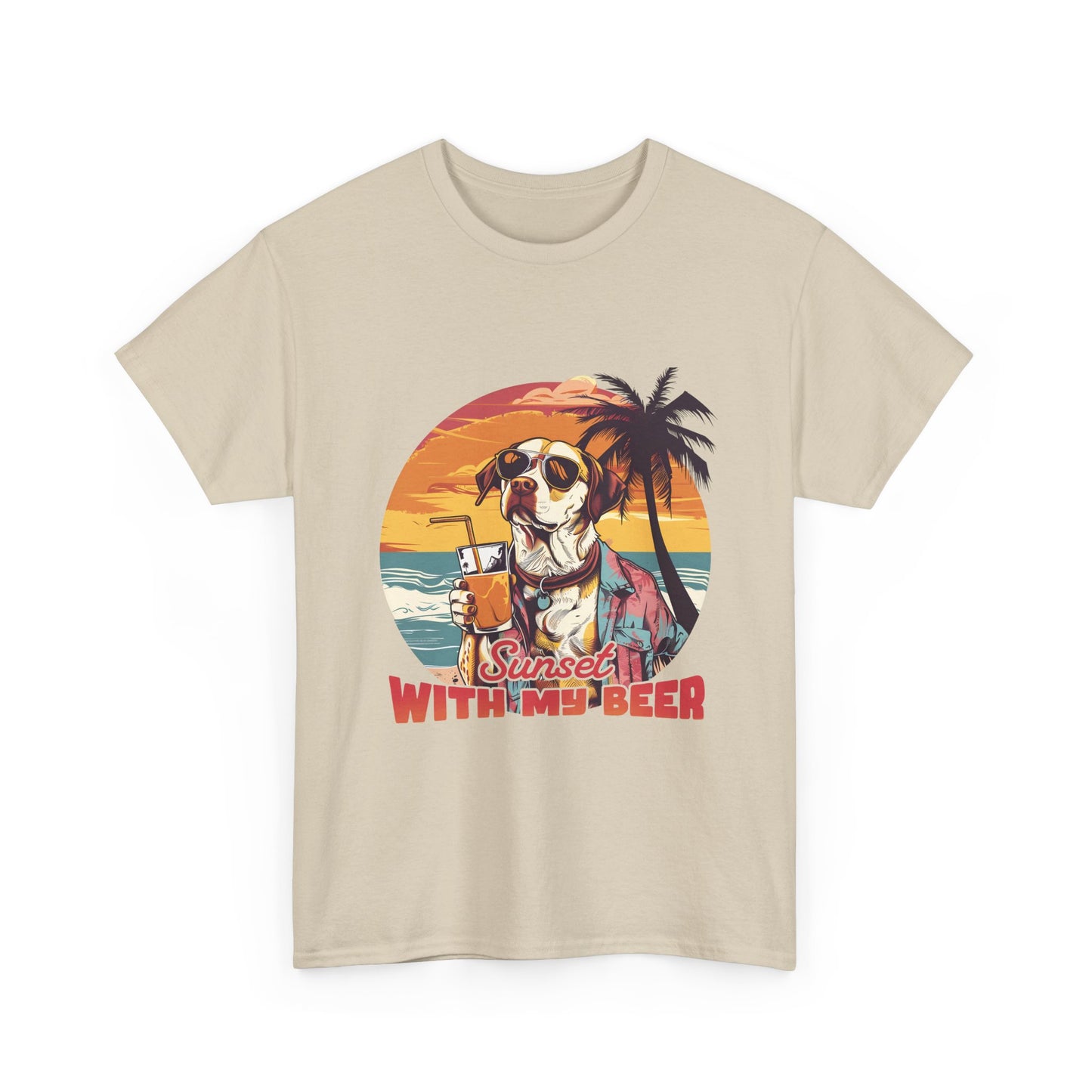 T-Shirt — Sunset With My Beer Dog Graphic Tee — Retro Tropical Beach Vibes