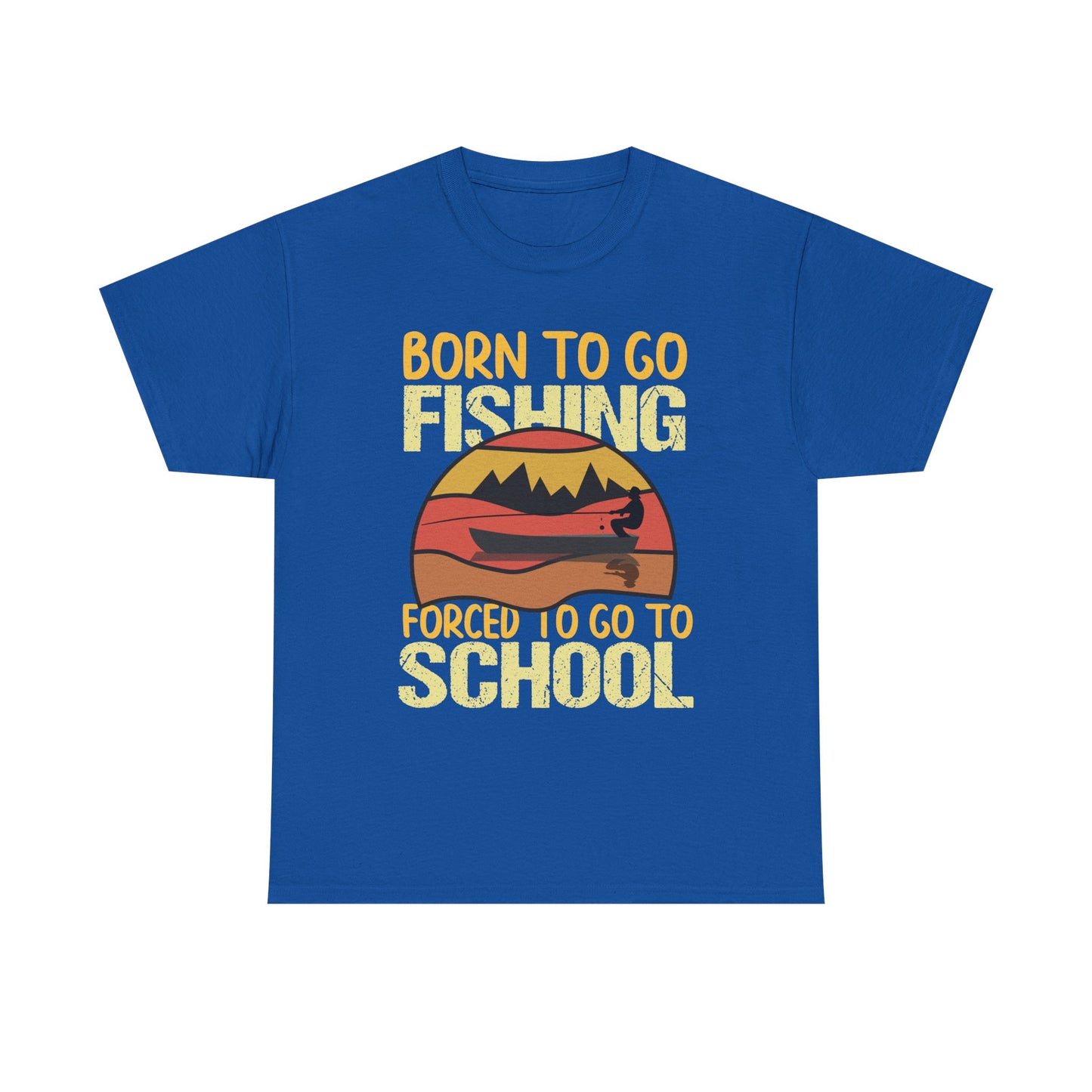Fishing Graphic Tee - "Born to Go Fishing, Forced to Go to School" Retro Sunset T-Shirt for Kids & Teens
