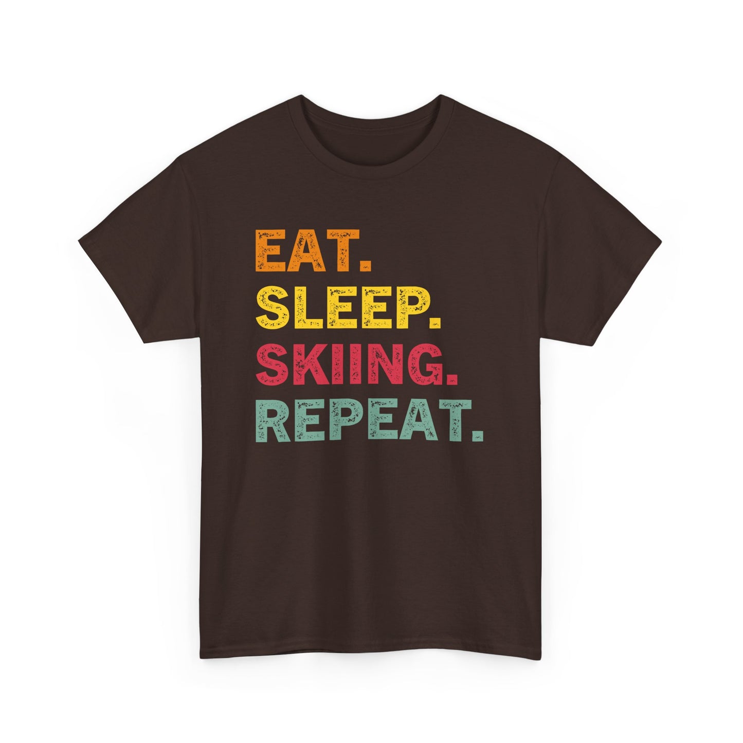 Ski T-Shirt — “Eat. Sleep. Skiing. Repeat.” Retro Colorblock Skiing Tee