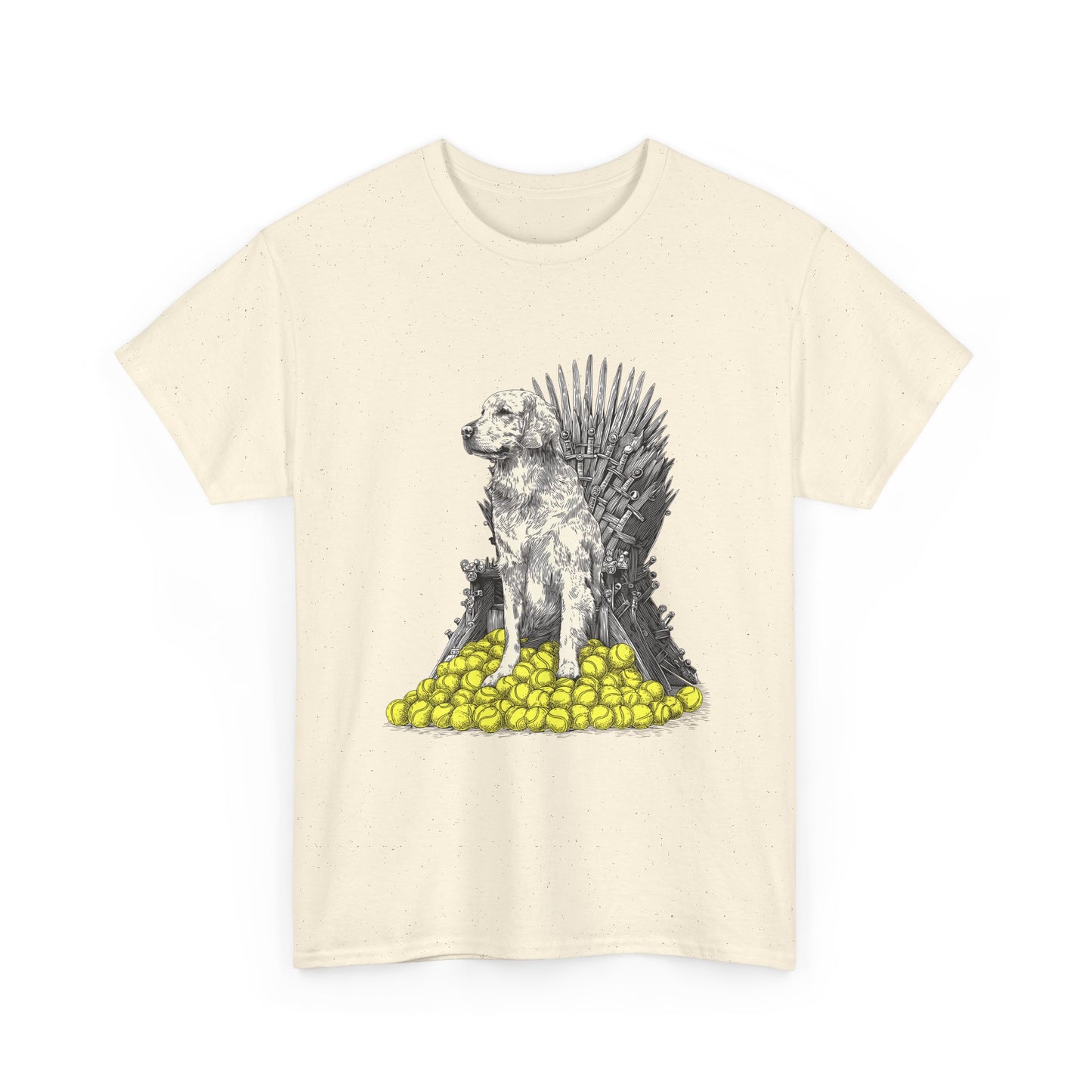 Dog Throne T‑Shirt — Dog on Iron Throne of Tennis Balls Graphic Tee