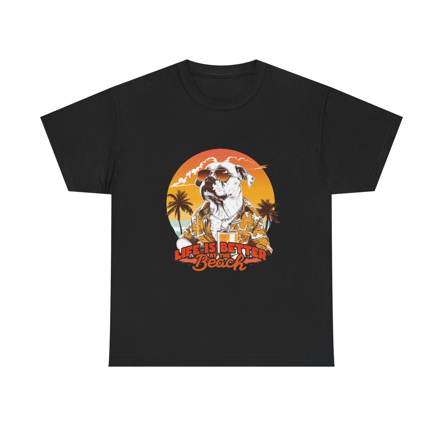 Beach Dog T-Shirt — "Life Is Better at the Beach" Retro Sunset Tee