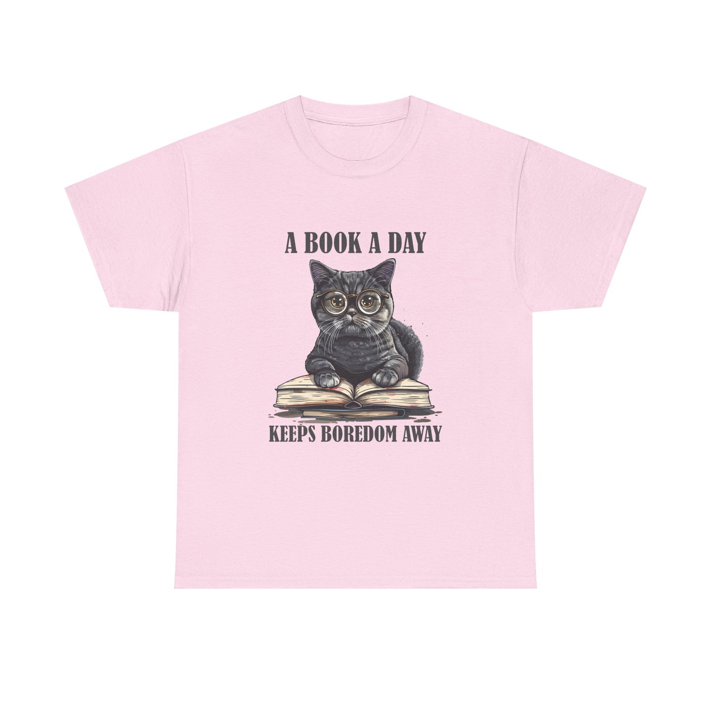 T-Shirt — "A Book a Day Keeps Boredom Away" Cat Reading Graphic Tee