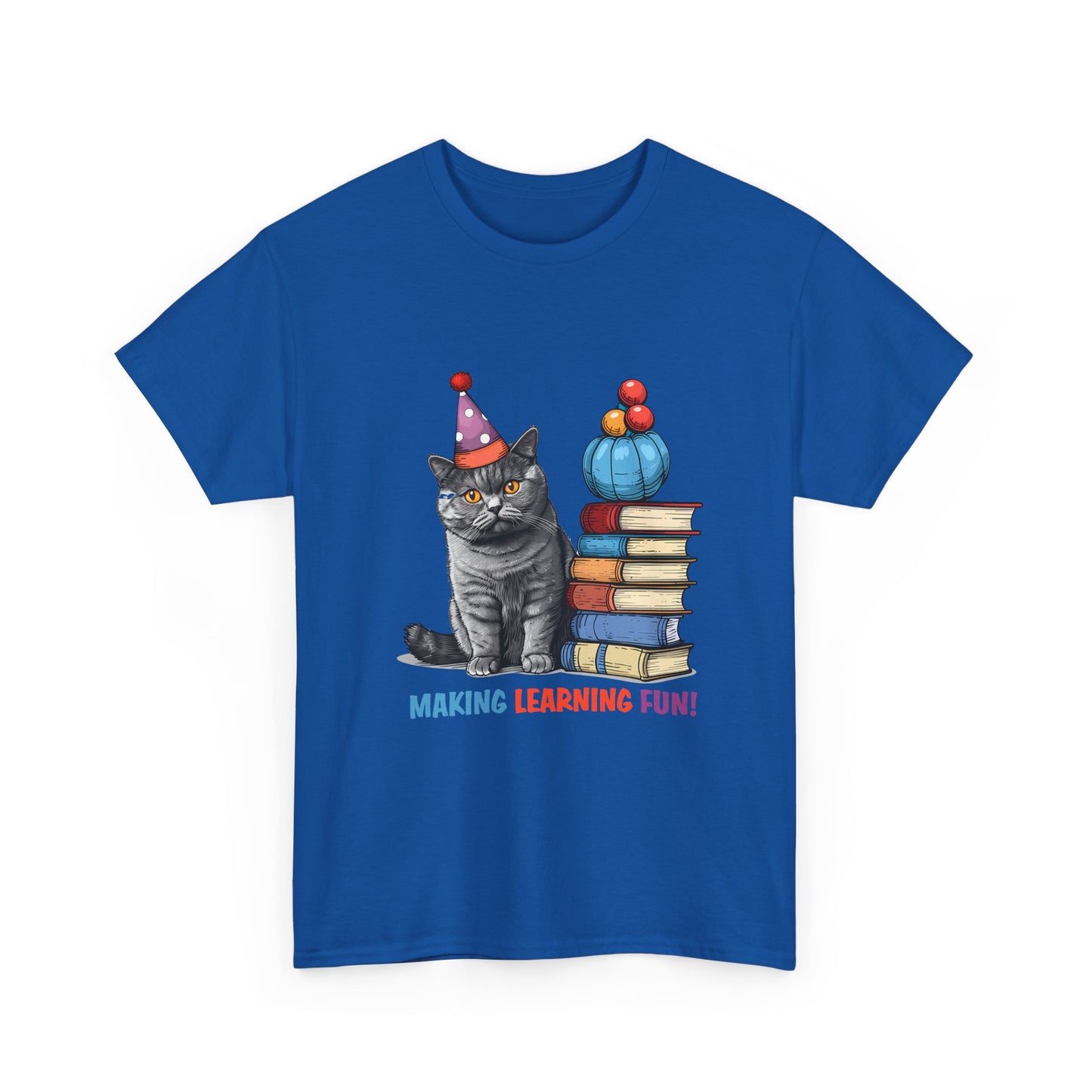 Cat Teacher T-Shirt — "Making Learning Fun!" Cute School Cat with Books Tee