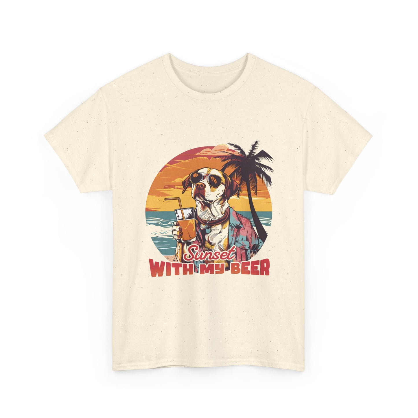 T-Shirt — Sunset With My Beer Dog Graphic Tee — Retro Tropical Beach Vibes