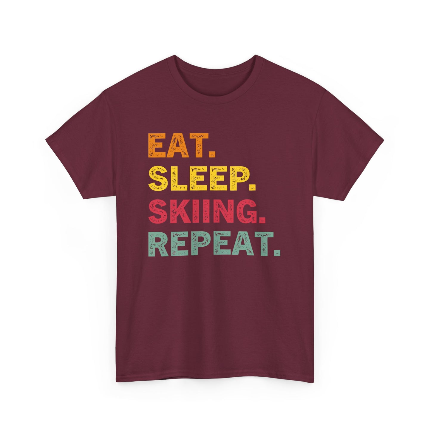 Ski T-Shirt — “Eat. Sleep. Skiing. Repeat.” Retro Colorblock Skiing Tee