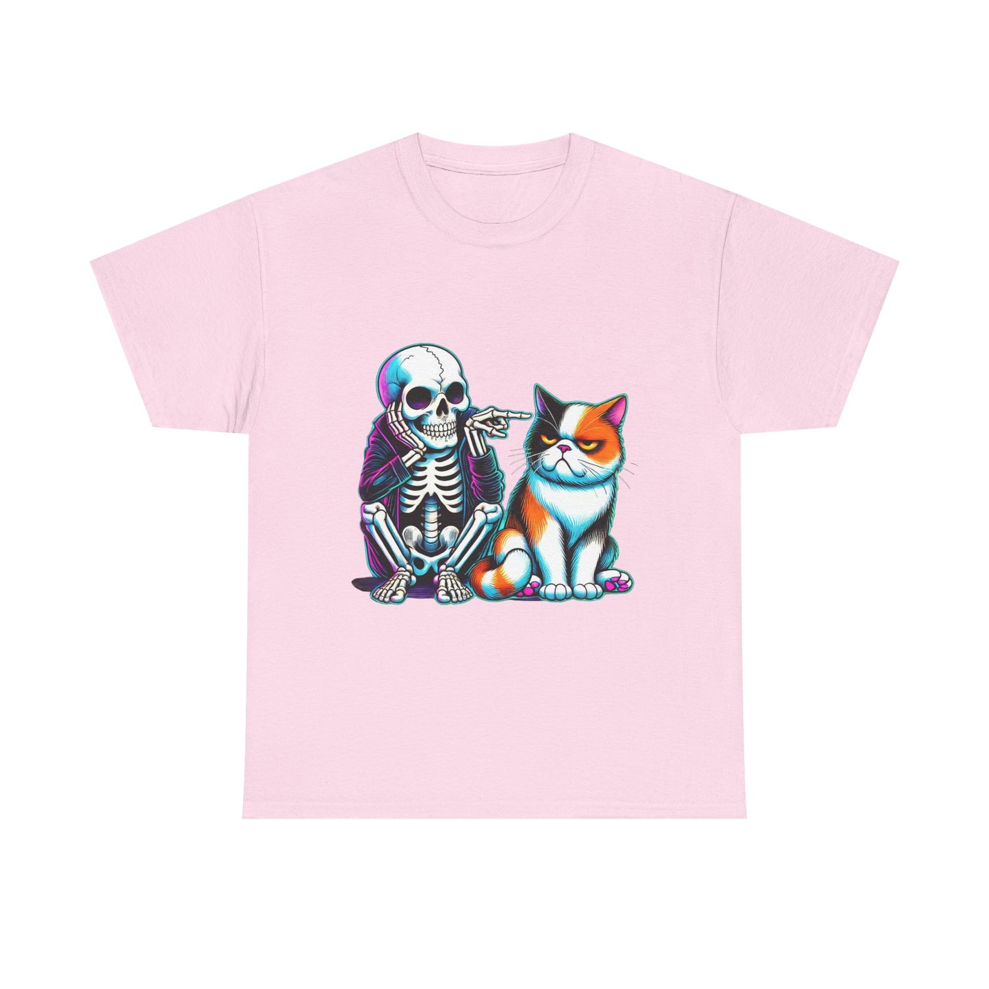 Skeleton & Cat Graphic Tee — Retro Neon Spooky Cat Shirt
