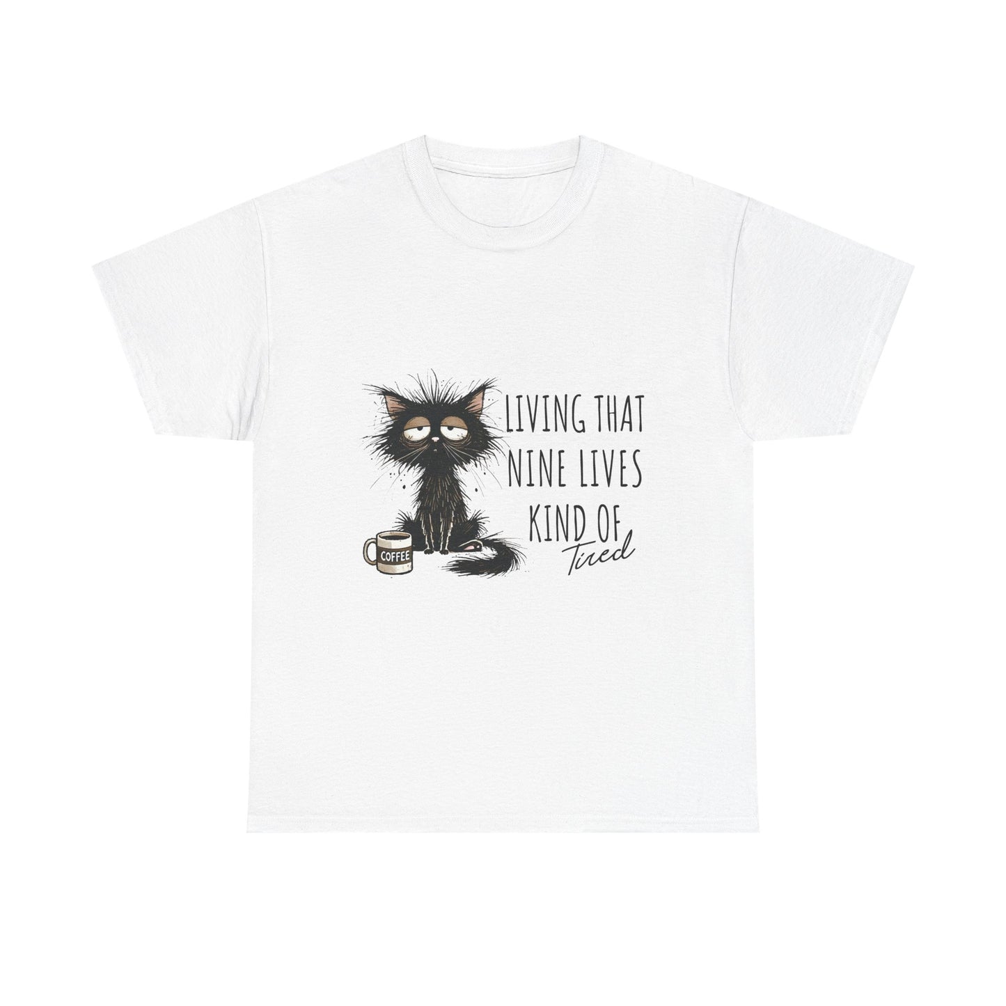 Cat T-Shirt - "Living That Nine Lives Kind of Tired" Graphic Tee, Funny Coffee Cat Shirt for Cat Lovers