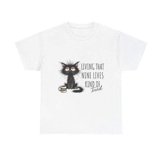 Cat T-Shirt - "Living That Nine Lives Kind of Tired" Graphic Tee, Funny Coffee Cat Shirt for Cat Lovers