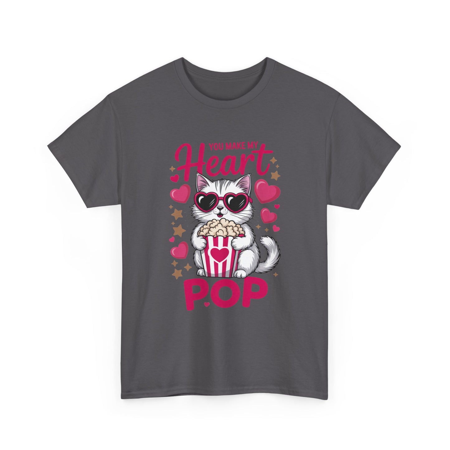 T-Shirt — "You Make My Heart Pop" Cute Cat Popcorn