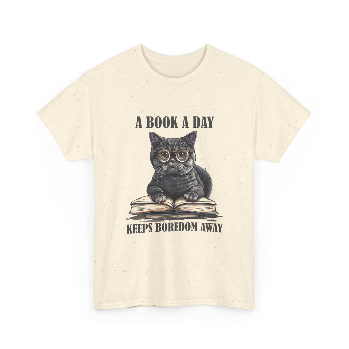 T-Shirt — "A Book a Day Keeps Boredom Away" Cat Reading Graphic Tee