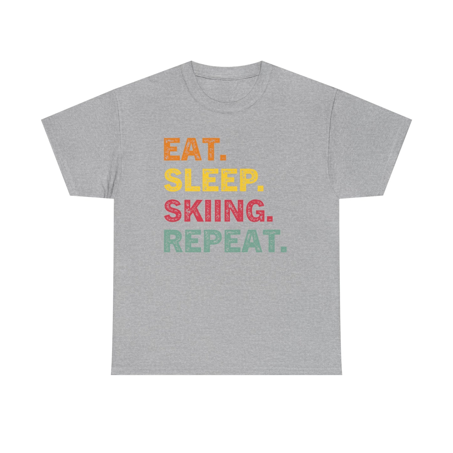 Ski T-Shirt — “Eat. Sleep. Skiing. Repeat.” Retro Colorblock Skiing Tee