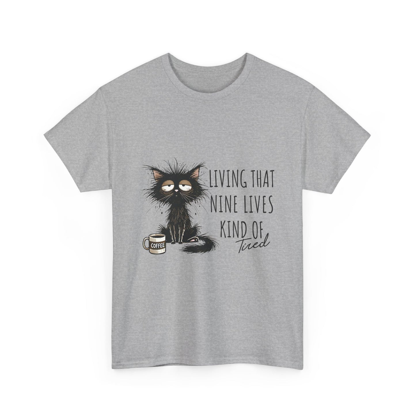 Cat T-Shirt - "Living That Nine Lives Kind of Tired" Graphic Tee, Funny Coffee Cat Shirt for Cat Lovers
