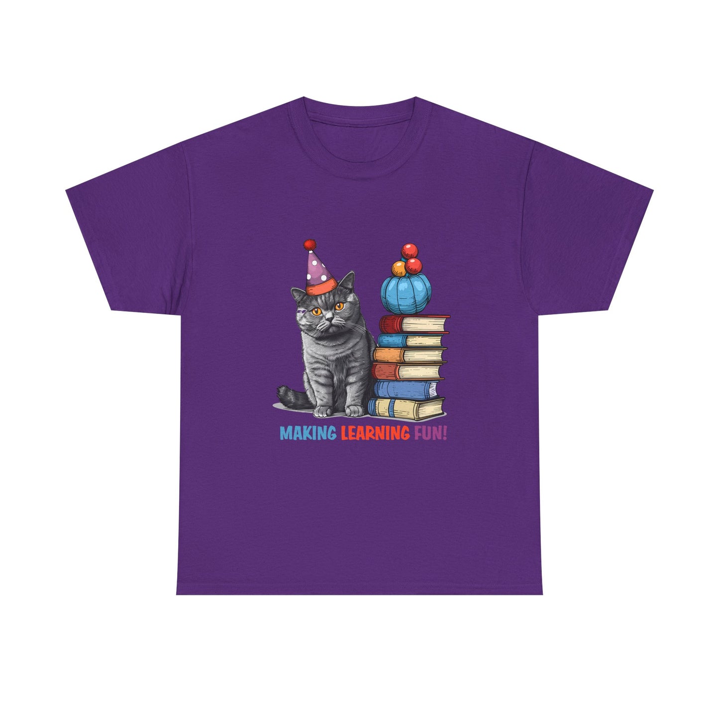 Cat Teacher T-Shirt — "Making Learning Fun!" Cute School Cat with Books Tee