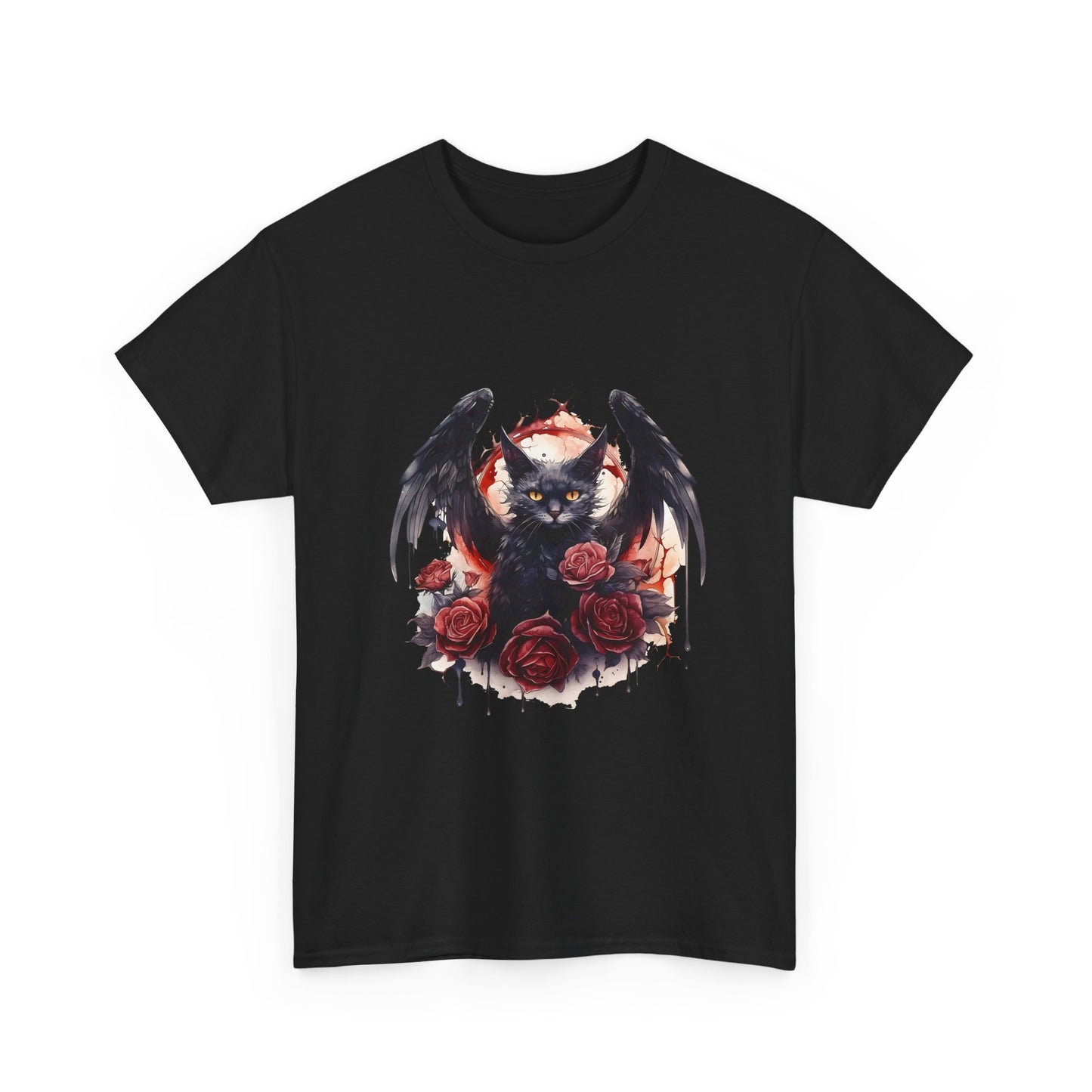 Cat Demon Tee — Gothic Bat-Wing Cat with Roses Graphic Shirt