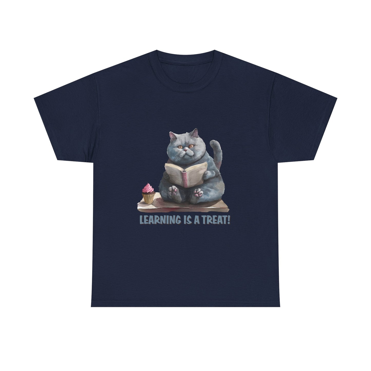 Cat Reading T-Shirt — "Learning Is a Treat" Cute Book Lover Tee