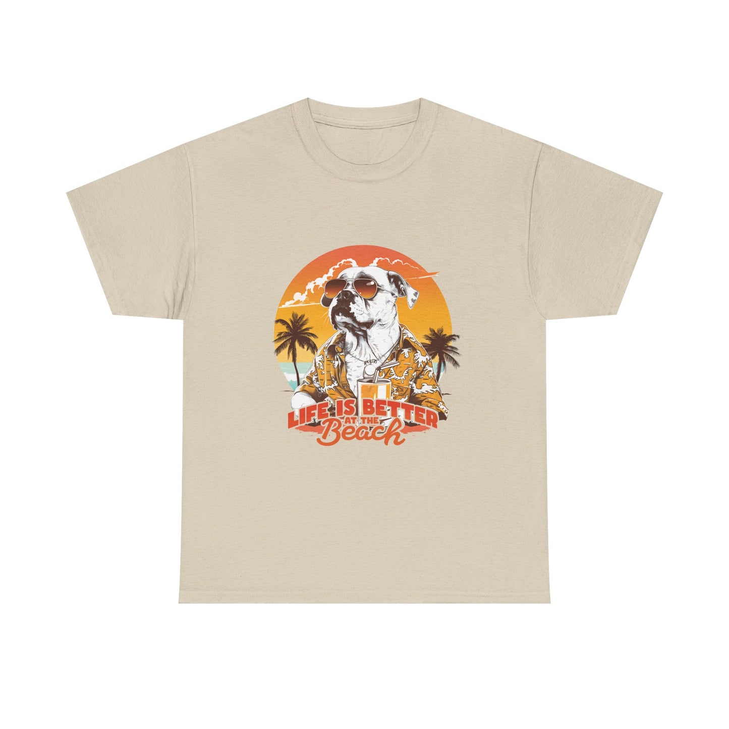 Beach Dog T-Shirt — "Life Is Better at the Beach" Retro Sunset Tee